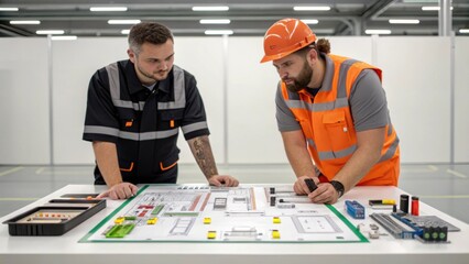 Aufkleber - A medium shot captures two workers discussing a schematic spread out on a table with various components and tools tered around them illustrating teamwork in assembly.