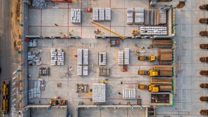 Poster - An aerial shot from the drones perspective highlighting a construction site with workers laying foundations surrounded by stacks of building materials and equipment.