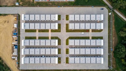 Aufkleber - An aerial view captured from the ground showing the layout of multiple prefabricated modules illustrating the planned configuration of the building.