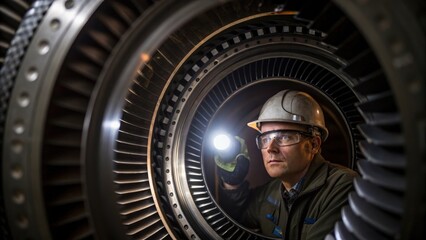 Aufkleber - An image of a technician inspecting the generators rotor with a flashlight revealing the textures of the metal and the complexity of the turbine mechanism.