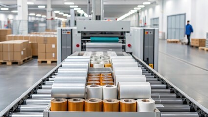Poster - An image showcasing the intricate arrangement of packaging materials such as films and containers being loaded into automated machinery emphasizing organization and efficiency.