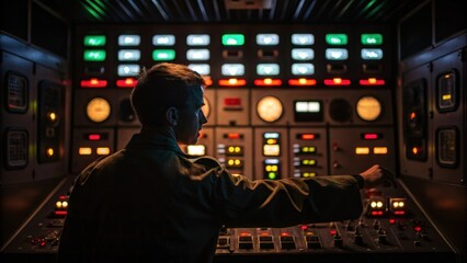 Aufkleber - An operator is adjusting a control panels dials and switches in a dimly lit room surrounded by glowing indicators showcasing the electronic aspect of machinery upkeep.