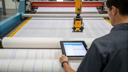 Fototapete - An operator reviewing a tablet interface while a robotic system autonomously s patterns from large rolls of fabric emphasizing the blend of technology and human oversight.
