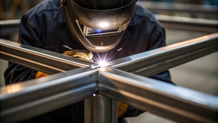 Aufkleber - An operator adjusting a meticulous bead of weld on a metal frame with close attention to detail showcasing the precision required in heavy industry fabrication.