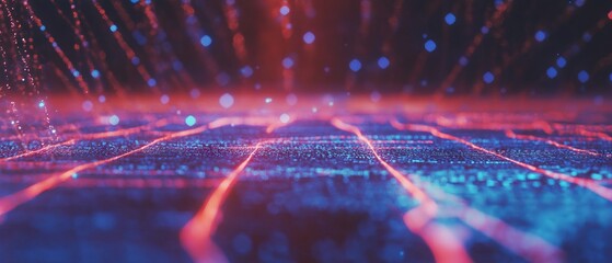 Poster - Holographic grid with glowing lines showcases futuristic digital landscape at night