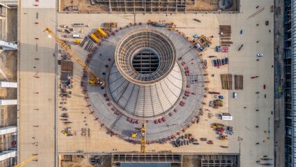 Poster - An overhead view through a construction drone of the site capturing a of workers and machinery surrounding the unfinished cooling tower emphasizing the scale of the project.