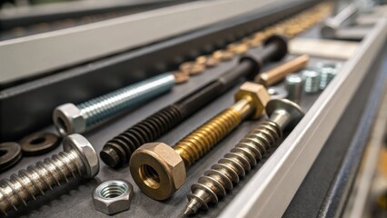 Aufkleber - An upclose look at a conveyor belt carrying assorted fasteners with a mix of screws washers and anchors highlighting their varying sizes and finishes.