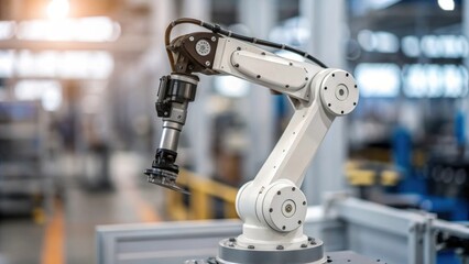 Aufkleber - A robotic arm in the foreground with blurred machinery in the background focusing on the articulated joints that enable high levels of maneuverability and dexterity.