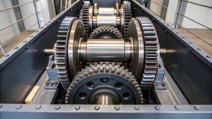 Aufkleber - A series of gears and pulleys visible inside the shredders housing highlighting the mechanical complexity and engineering sophistication that drives its performance.