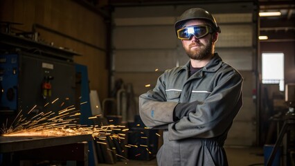 Poster - A side angle shot of a worker standing confidently with a plasma ter the light reflecting off their safety glasses demonstrating both skill and safety awareness.