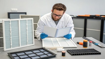 Aufkleber - A technician consulting a manual while surrounded by dismantled components of an air purification system indicating a thorough approach to troubleshooting and ensuring all parts