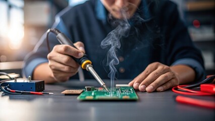Aufkleber - A technician uses a soldering iron to secure wires onto a printed circuit board with steam visibly rising and their focused expression conveying the importance of precision.