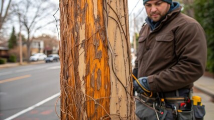 Poster - A technician with a rugged jacket studying the condition of an aging power pole with peeling paint and tangled vines creeping up its sides emphasizing the need for maintenance.