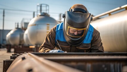 Aufkleber - A technician wearing protective gear examining welds on a tank seam with focused intensity showcasing the skill and care required in maintenance tasks.