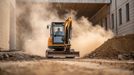 Poster - A tight shot of the compact excavator digging near the foundation of a building with dust clouds rising emphasizing the precision required in limited space.