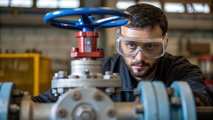 Aufkleber - A technician wearing protective goggles examining a complex valve deep in concentration as they check for consistency and strength.