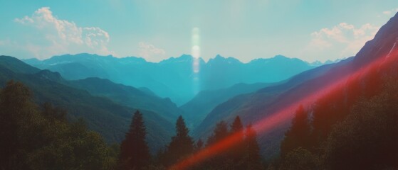 Poster - Holographic mountain landscape with colorful rays and lush green trees under a bright sky