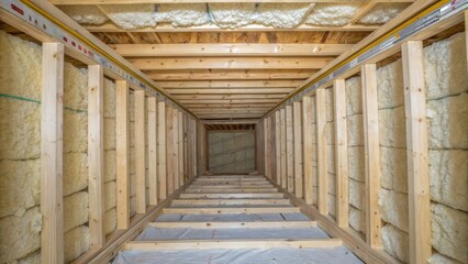 Aufkleber - A workers eyelevel perspective showing the insides of a wall cavity insulation in progress highlighting the intricate layering and placement of material against the structural