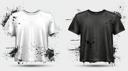 White, black t-shirts, ink splatters, mockup, design.