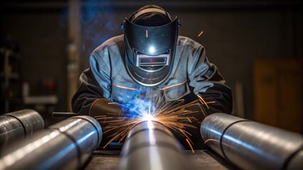 Aufkleber - A welder in safety gear focuses intently on fusing sections of ducting together with sparks flying illustrating the craftsmanship involved in installation.