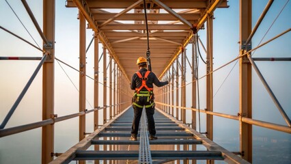 Poster - A worker in a safety harness suspended above attaching a bridge segment to its supports the view emphasizing height and the surrounding scaffolded framework.