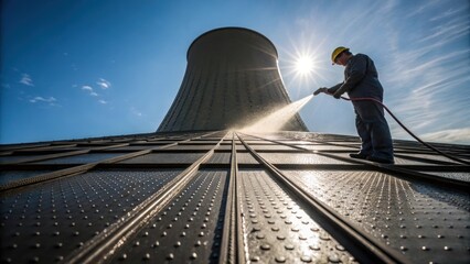 Aufkleber - A worker pouring a final layer of protective coating on a completed section of the cooling tower with drops glistening in the sunlight and showcasing the importance of detail in