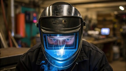 Aufkleber - A workers face is partially obscured by a welding helmet with reflective visor displaying the vivid blue light of the plasma arc highlighting their determined expression.