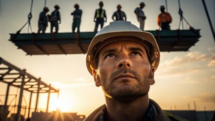 Poster - A workers face lit by the late afternoon sun reflecting determination and focus as they supervise a group lifting a massive structural panel overhead.