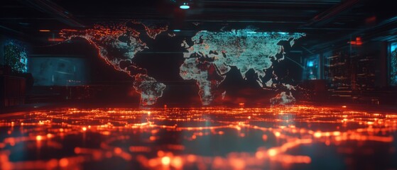 Poster - Holographic map displaying glowing lines of a digital world with intricate details and connectivity