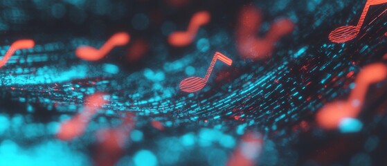 Poster - Holographic musical notes create a vibrant display of sound and color with flowing trails in digital art
