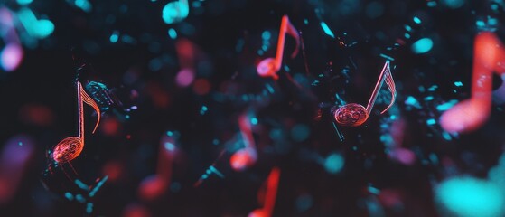 Poster - Holographic musical notes with flowing trails create a vibrant, dynamic visual in a dark space