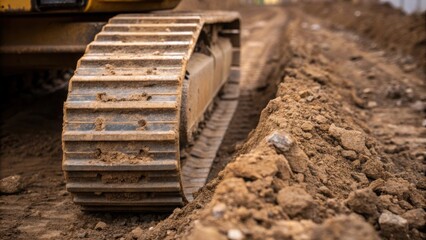 Aufkleber - Closeup of a bulldozers treads gripping the uneven terrain showcasing the rugged texture of the soil being pushed aside during land preparation.