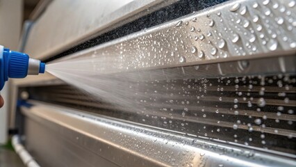 Poster - Closeup of a cleaning solution being sprayed onto the exterior casing of an air purification unit droplets glistening in the light as they bead on the stainless steel surface