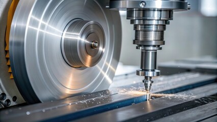 Poster - Closeup of a CNC ting machine in operation with a focused shot on the spinning blade slicing through a thick metal plate revealing smooth and clean edges.