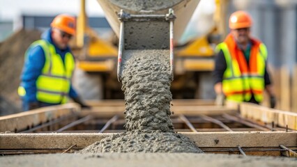 Poster - Closeup of a concrete mixer pouring fresh concrete into a foundation mold with workers in safety gear overseeing the operation.