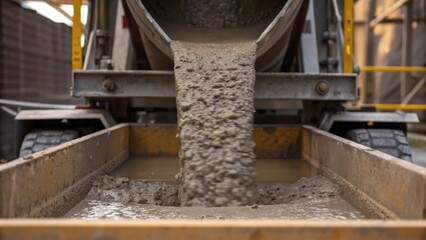 Aufkleber - Closeup of a concrete mixer pouring a fresh batch of concrete into a foundation mold showcasing the texture and richness of the material in the robust building process.