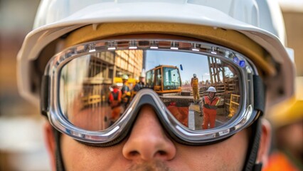 Aufkleber - Closeup of a construction workers safety goggles reflecting the bustling construction site symbolizing the focus and dedication to safety during modular classroom assembly.
