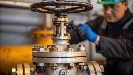 Poster - Closeup of a delicate valve mechanism glistening with oil and grime as a worker adjusts the settings with a focused expression demonstrating the precision required in maintenance.
