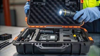 Aufkleber - Closeup of a disassembled piece of soundproofing equipment highlighting the engineers careful examination of its internal components.