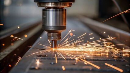 Aufkleber - Closeup of a drill bit trating metal with sparks flying capturing the intensity of metal fabrication needed for server racks and structural supports.