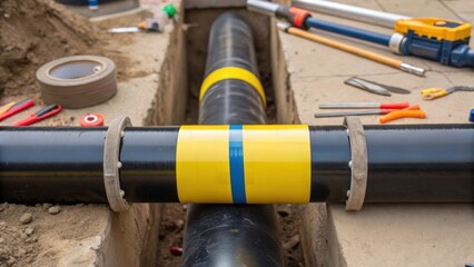 Aufkleber - Closeup of a gas main repair highlighting the careful application of sealing tape around a joint with surrounding tools indicating the meticulous nature of infrastructure