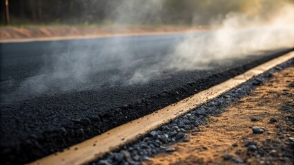 Poster - Closeup of a freshly laid line of asphalt with steam rising off the surface emphasizing the contrast between the rough black material and the smooth finish.
