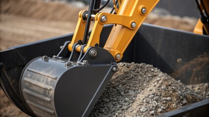 Poster - Closeup of a hydraulic arm in action elegantly maneuvering a large bucket filled with gravel contrasting the intricate mechanics with the heavy material.