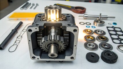 Aufkleber - Closeup of a hydraulic pump being disassembled showcasing the various internal components such as gears seals and bearings under bright workshop lighting.