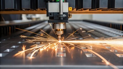 Aufkleber - Closeup of a laserting machine with sparks flying as it processes metal sheets showcasing advanced fabrication techniques.