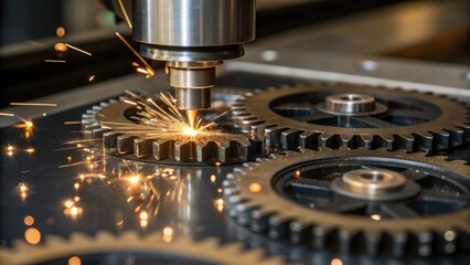 Fototapete - Closeup of a mechanism being tested with gears interlocking and small sparks of light reflecting from polished metal.