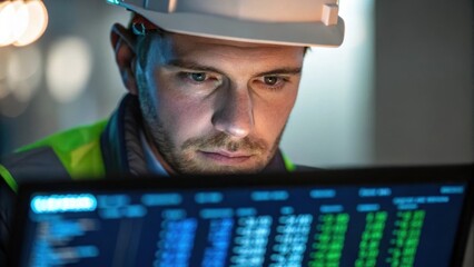 Leinwandbilder - Closeup of an engineers face illuminated by the glow of a digital display filled with emission metrics revealing a focused expression as they analyze data.