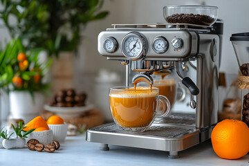 Espresso machine brewing coffee in kitchen