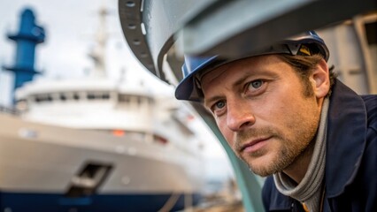 Poster - Closeup of an experienced workers face as they carefully inspect a newly assembled vessel component with the unfinished ship looming in the outoffocus background.