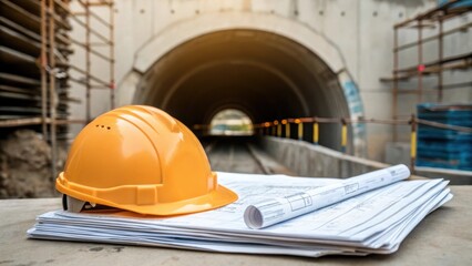Poster - Closeup of a safety helmet resting on a stack of construction plans with a backdrop of a partially completed tunnel entrance hinting at the importance of safety in underground